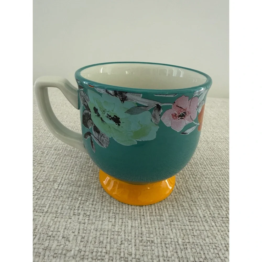 Pioneer‎ Woman Floral Turquoise and Yellow Footed Coffee Tea cup Coffee Mug